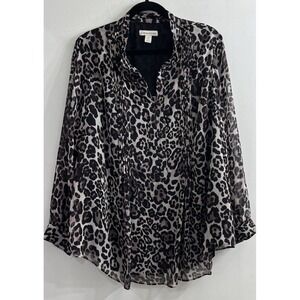 Coldwater Creek Women 2X Animal Print Top Long Sleeve Black Brown Pleated V Neck